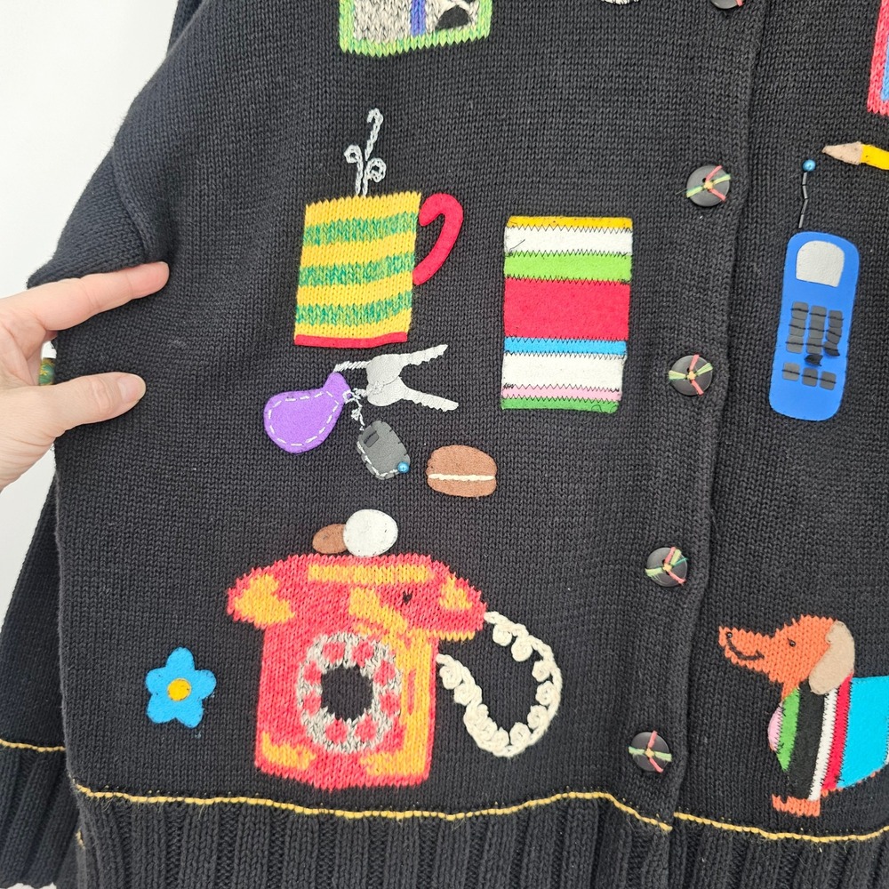 Vintage Susan Bristol Hand Embroidered Dachshund Cardigan XL Black Embellished - Picture 6 of 11